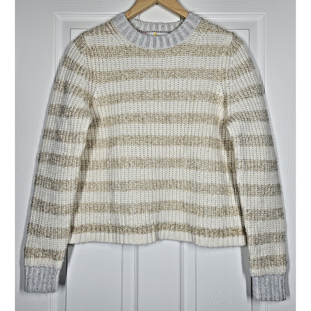 Boden Metallic Striped Wool Alpaca Chunky Knit Sweater Size 4 Ivory Gold Cozy